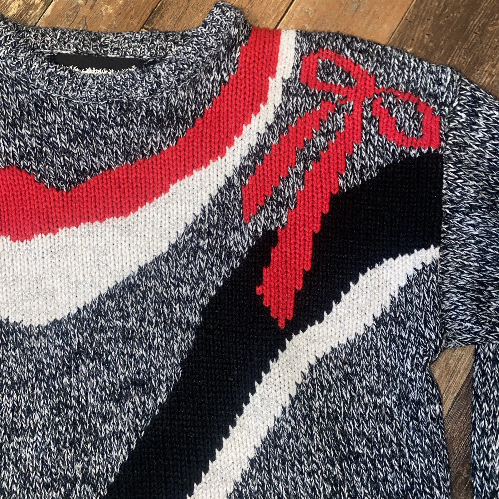 Vtg 80s Bramble Lane Womens Gray Red Bow Crew Neck Sweater L Holiday Christmas