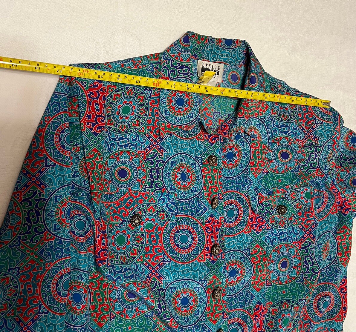 Vintage Leslie Faye Teal Pleated Fit & Flare Shirt Dress Gold Buttons-14P
