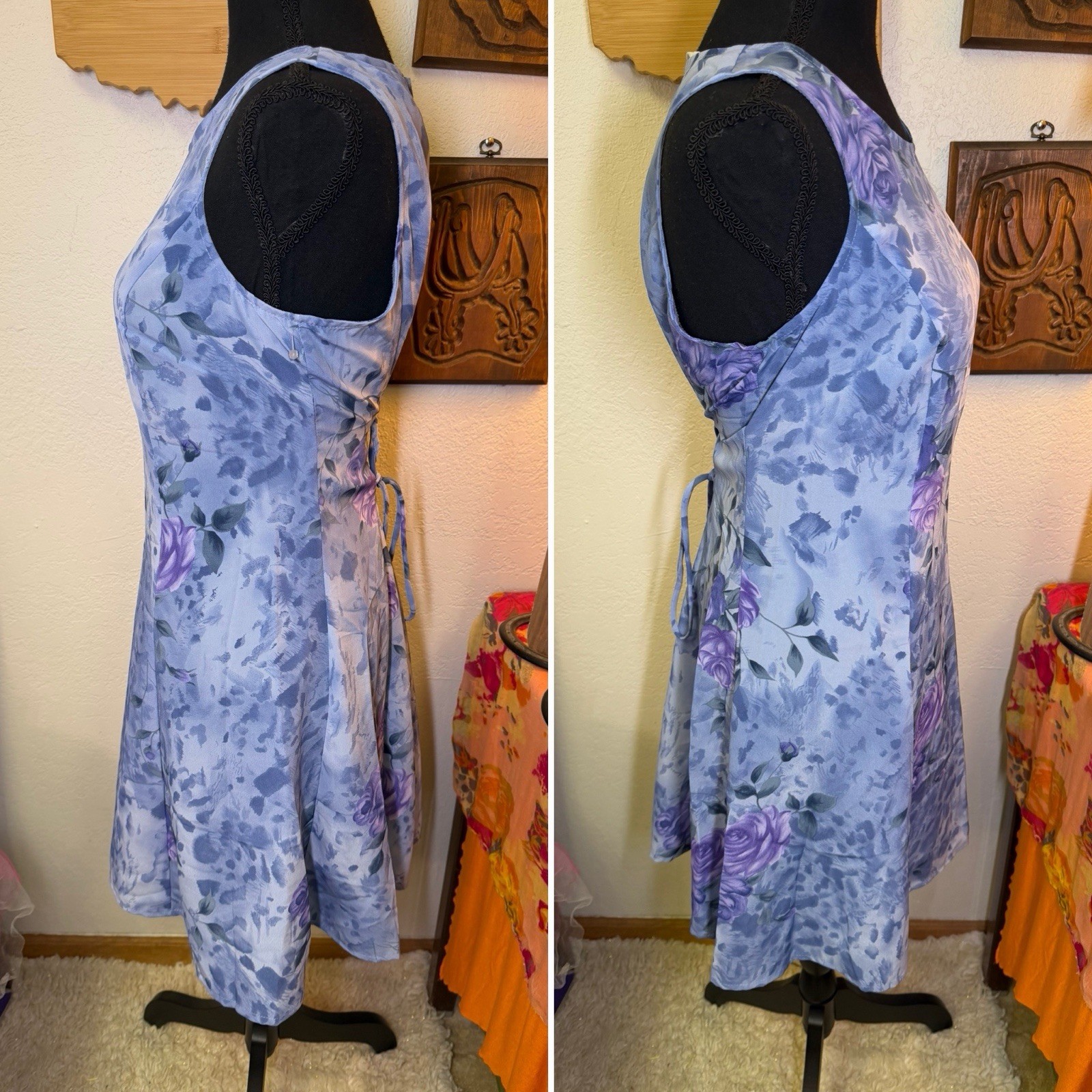 Vintage DBY Floral 90s Y2K Slip Dress 9/10 Blue Tie Back Whimsigoth Fairy Grunge