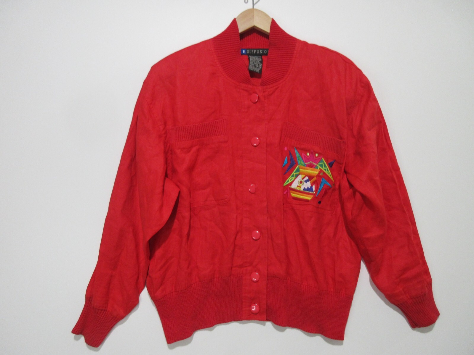 Sz 8 M VINTAGE 90s I B Diffusion Tribal Embroidered Red Linen Bomber Jacket Top