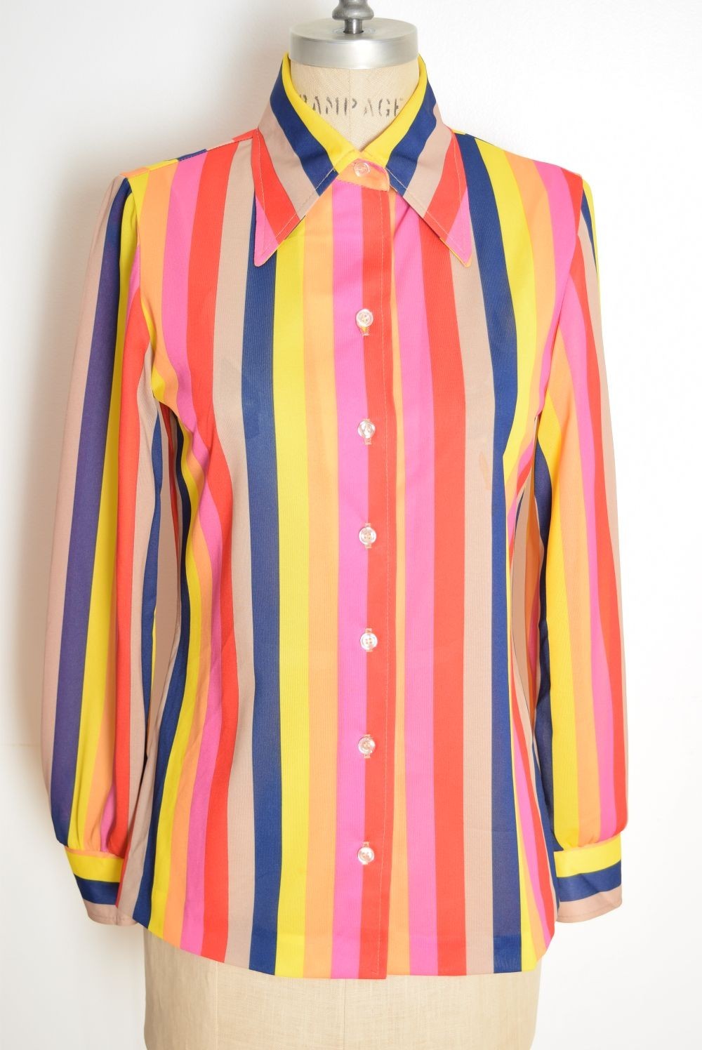 vintage 70s disco shirt rainbow stripe printed pointy dagger collar blouse top M