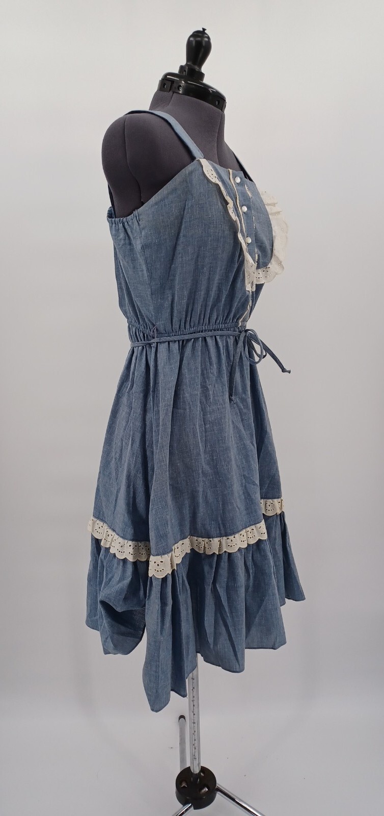 Vintage 1970s Julie Miller Of California Chambray White Lace Bib Prairie Dress