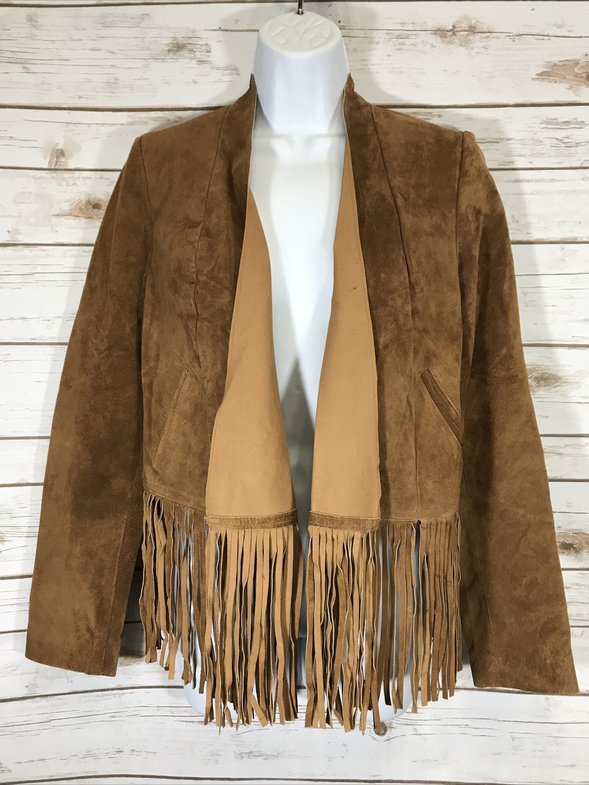 INC Womens Small Tan Suede Real Leather Jacket Blazer Fringe Brown Western W3
