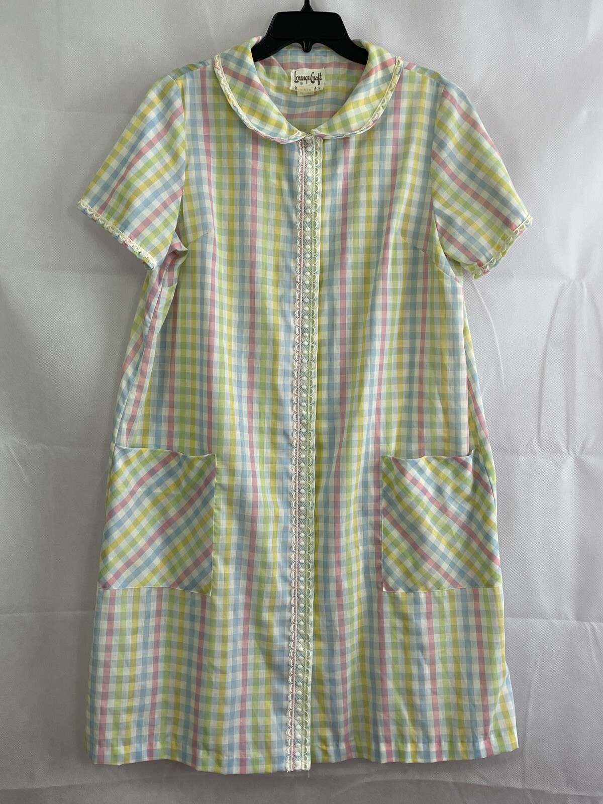 Vintage Lounge Craft Duster Housecoat Size L Colorful Check Lace Trim Nightgown