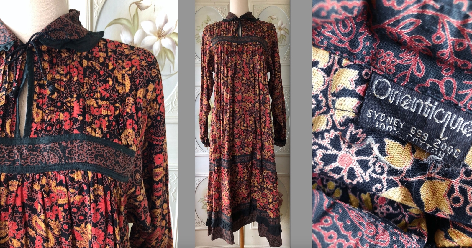 VTG 70s ORIENTIQUE INDIAN COTTON MUSLIN MIDI DRESS HANDPRINT BLACK RED GOLD EUC