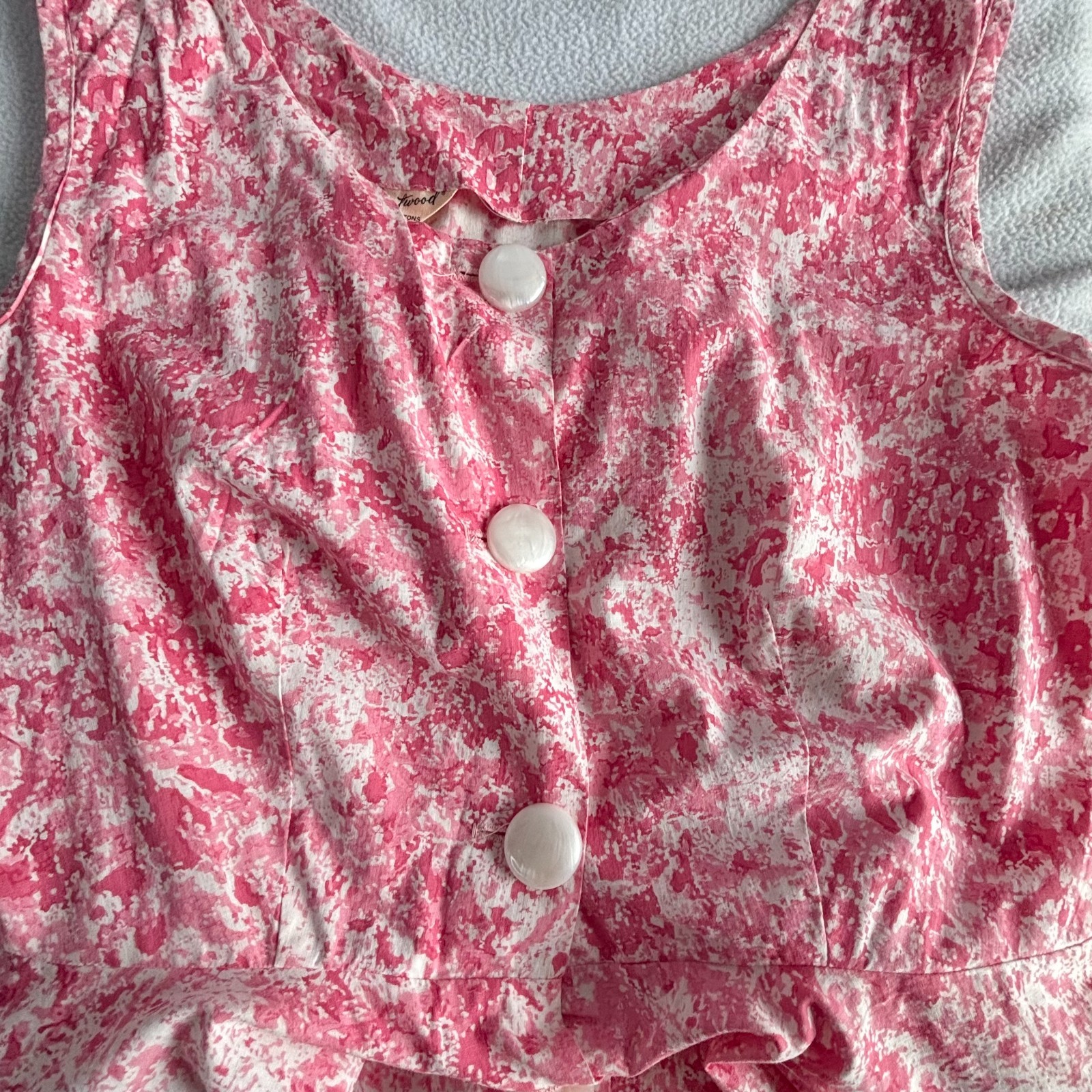Vintage 1950s Pink Floral Cotton Button Down Sleeveless Summer Day Dress M/L