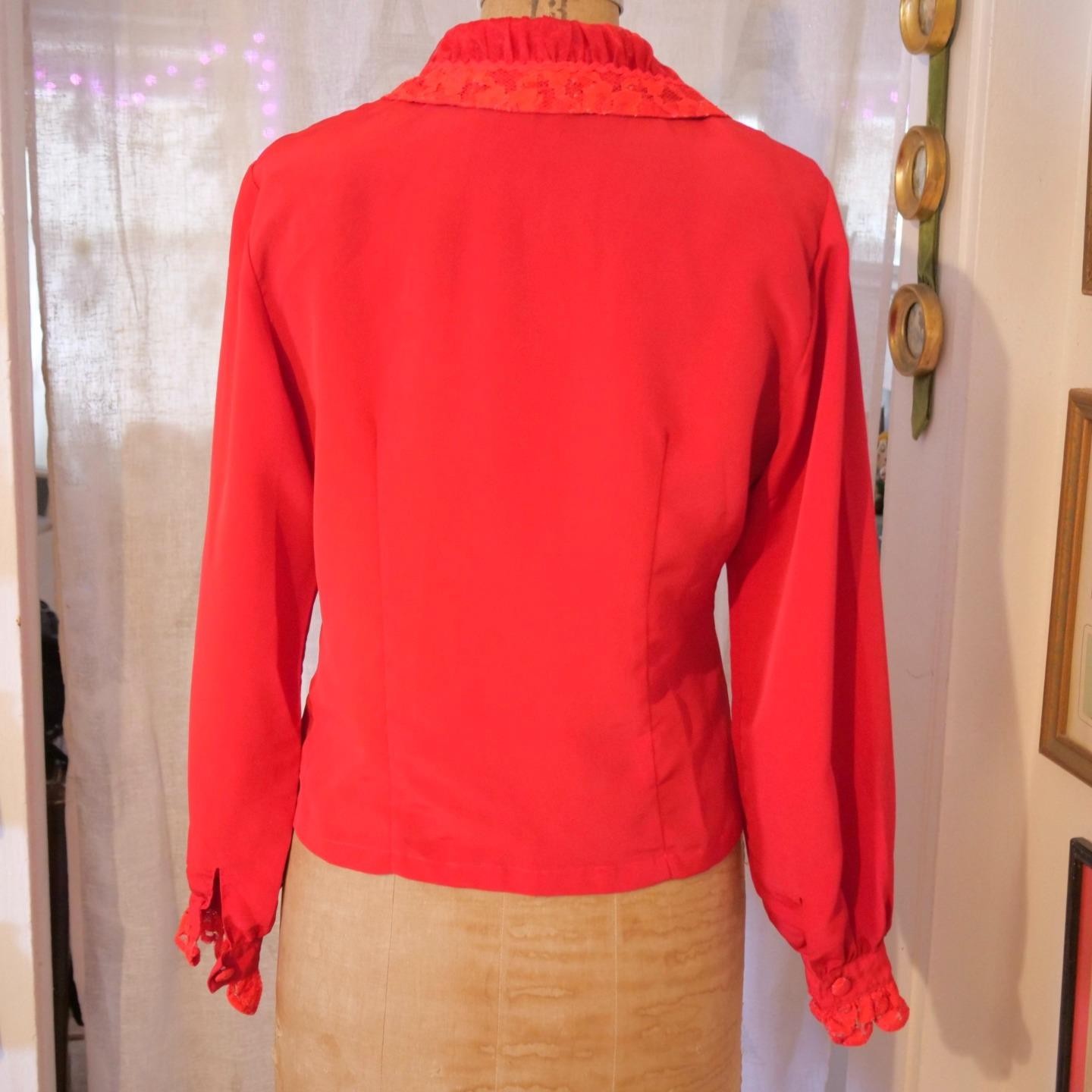Vintage 60s OLEG CASSINI Burma Mod Red Blouse Top Lace Organza Portrait Collar M