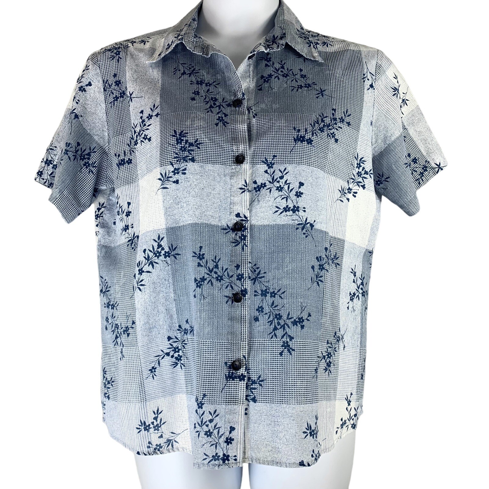 Vintage Sz Petite Large Shirt Button Up Blue White Floral Check Classic Elements