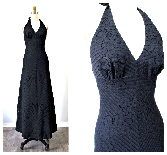 Vintage 70’s DEADSTOCK Joy Stevens California Black Lace Halter Maxi Dress