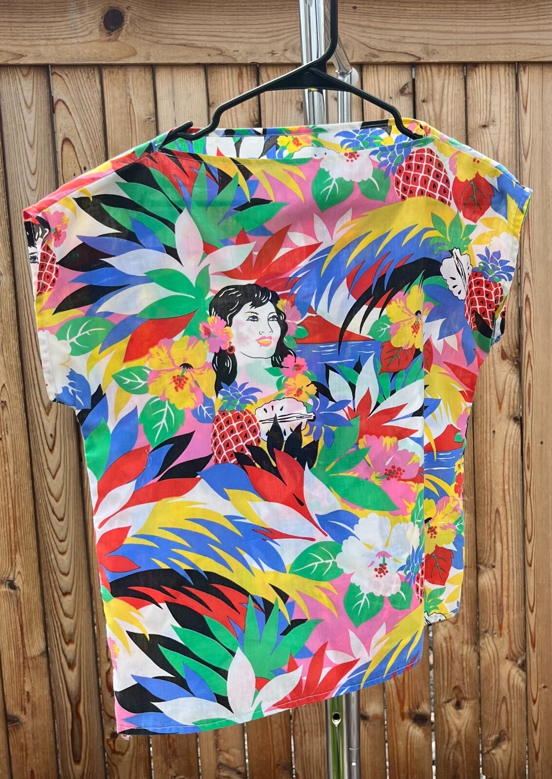 Women’s Vintage 1970’s Bright Hawaiian Tropical Floral Print Top, Size Medium