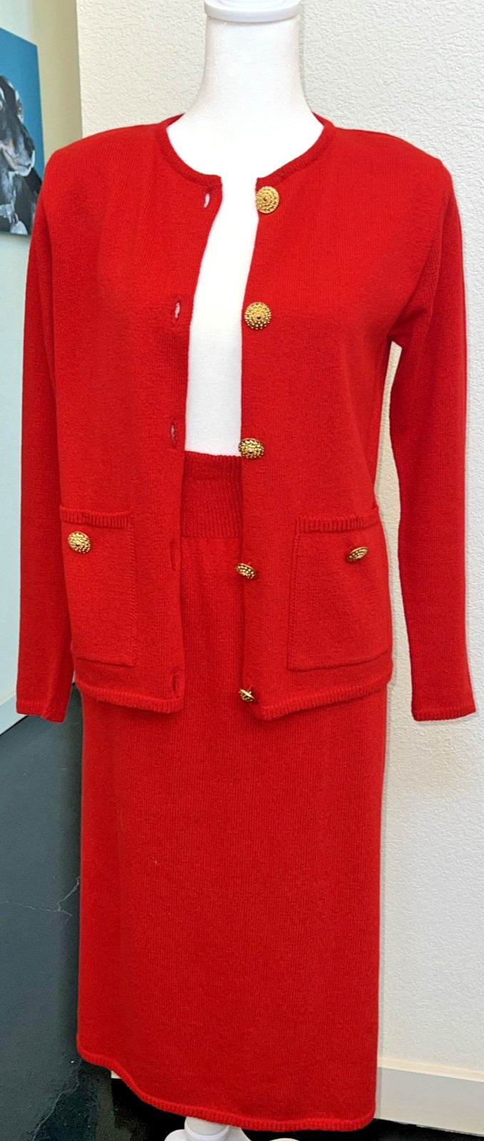 Vtg 80’s two piece cardigan sweater and pencil skirt set red knit size S