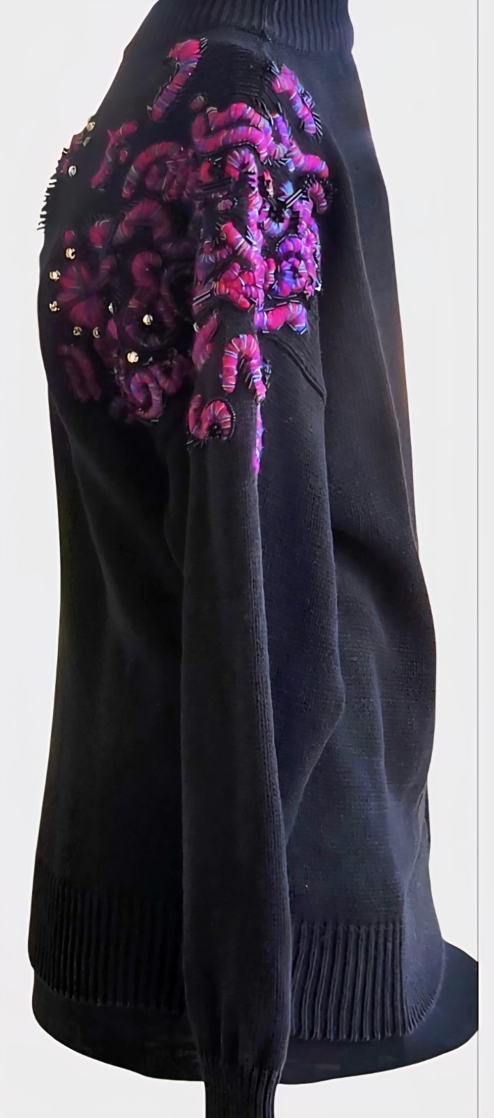 1980s P.A. INTERNATIONAL Black Multi-Color Embroidered Beaded Sequined Sweater M