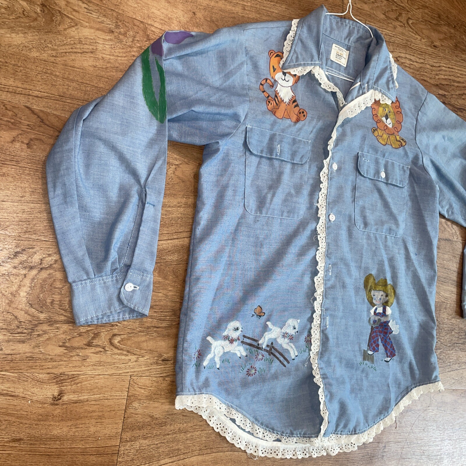 VTG BIG MAC Shirt Hand Painted 70s Long Sleeve Button Up Woman Size XL