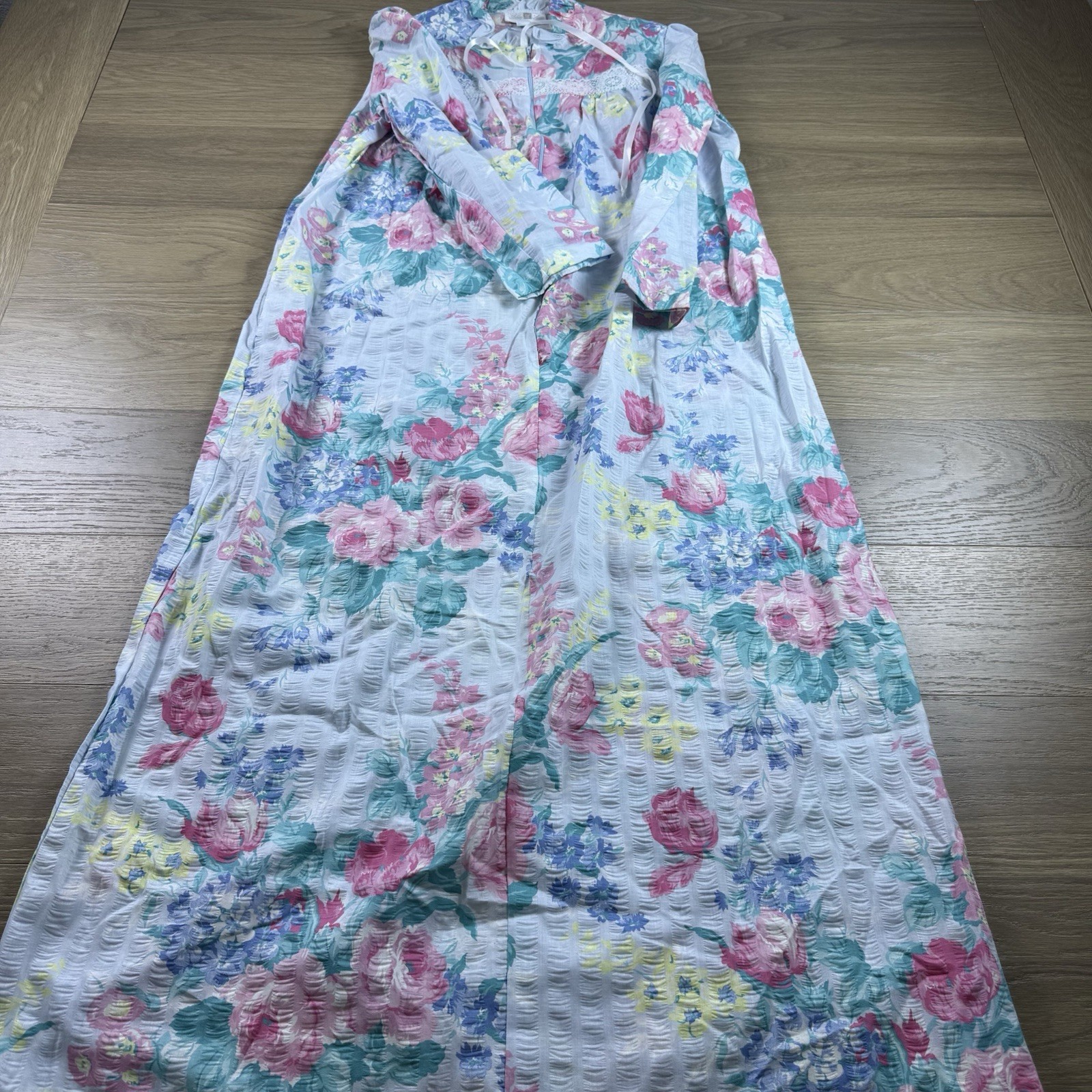 Vintage Ashley Ames Nightgown Medium Floral Ruffle Lace Front Zip Maxi USA