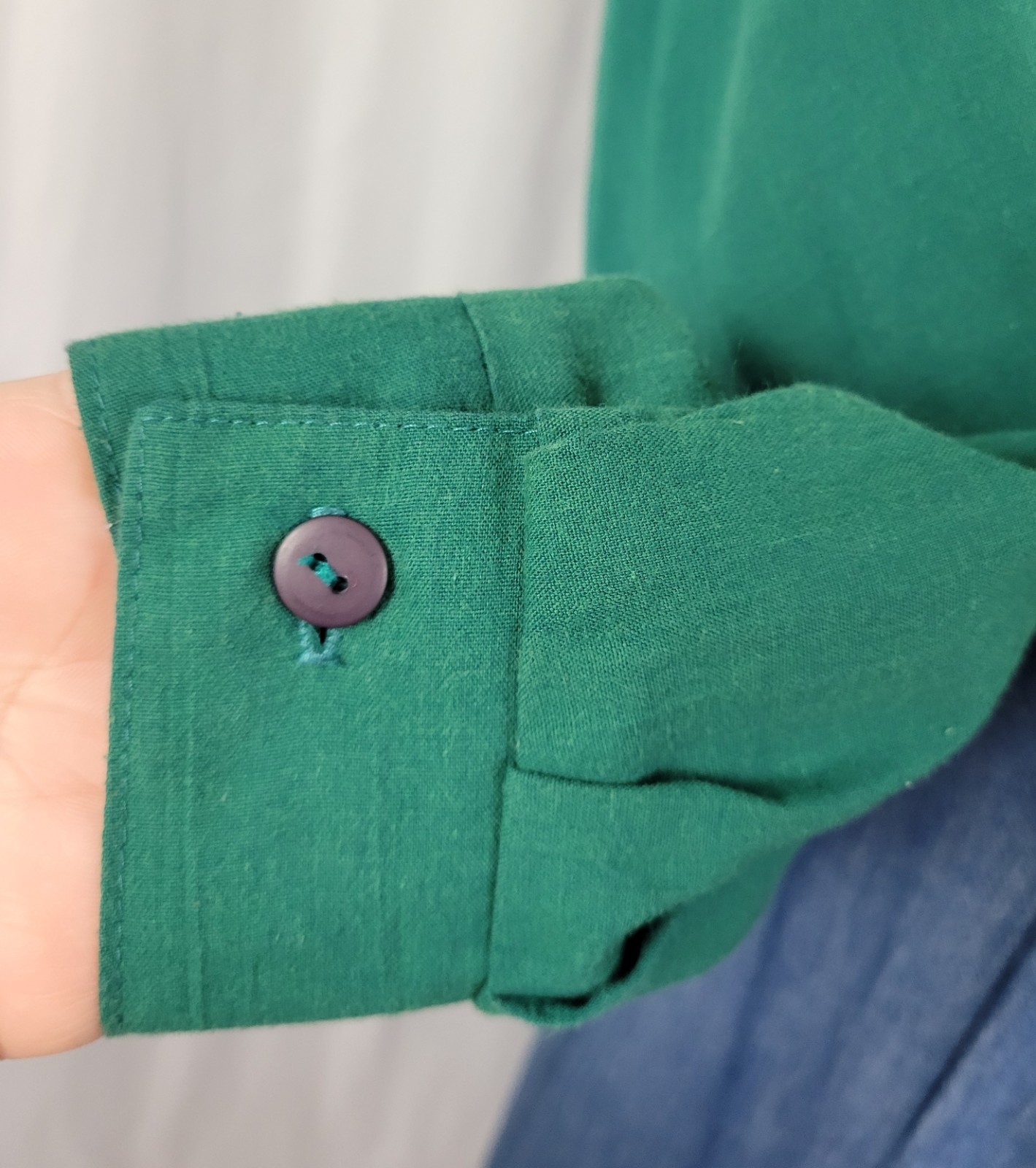 Vintage Tapestry Green Button Down Shirt w Lace Accented Yoke & Pocket Size PM