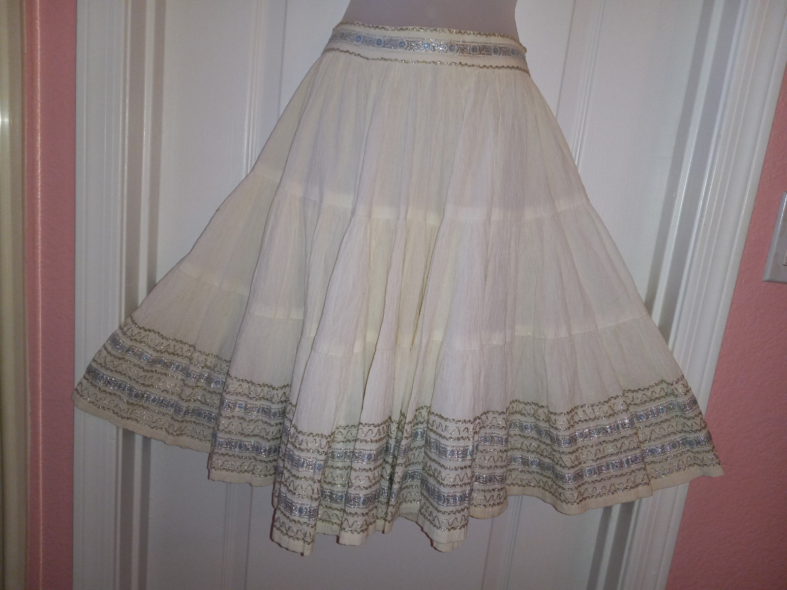 Vintage 50s Ivory Silver Metallic Ric Rac Patio Full Circle Squaw Skirt Viva S