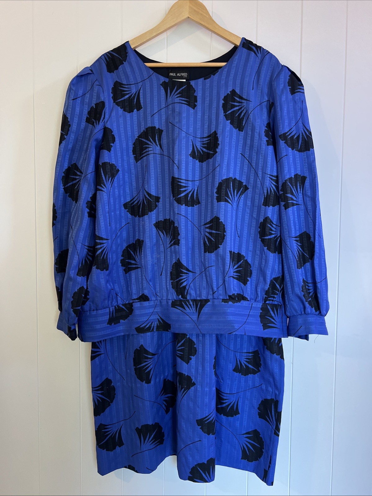 blue and black vintage secretary midi dress 1980s drop waist Xl