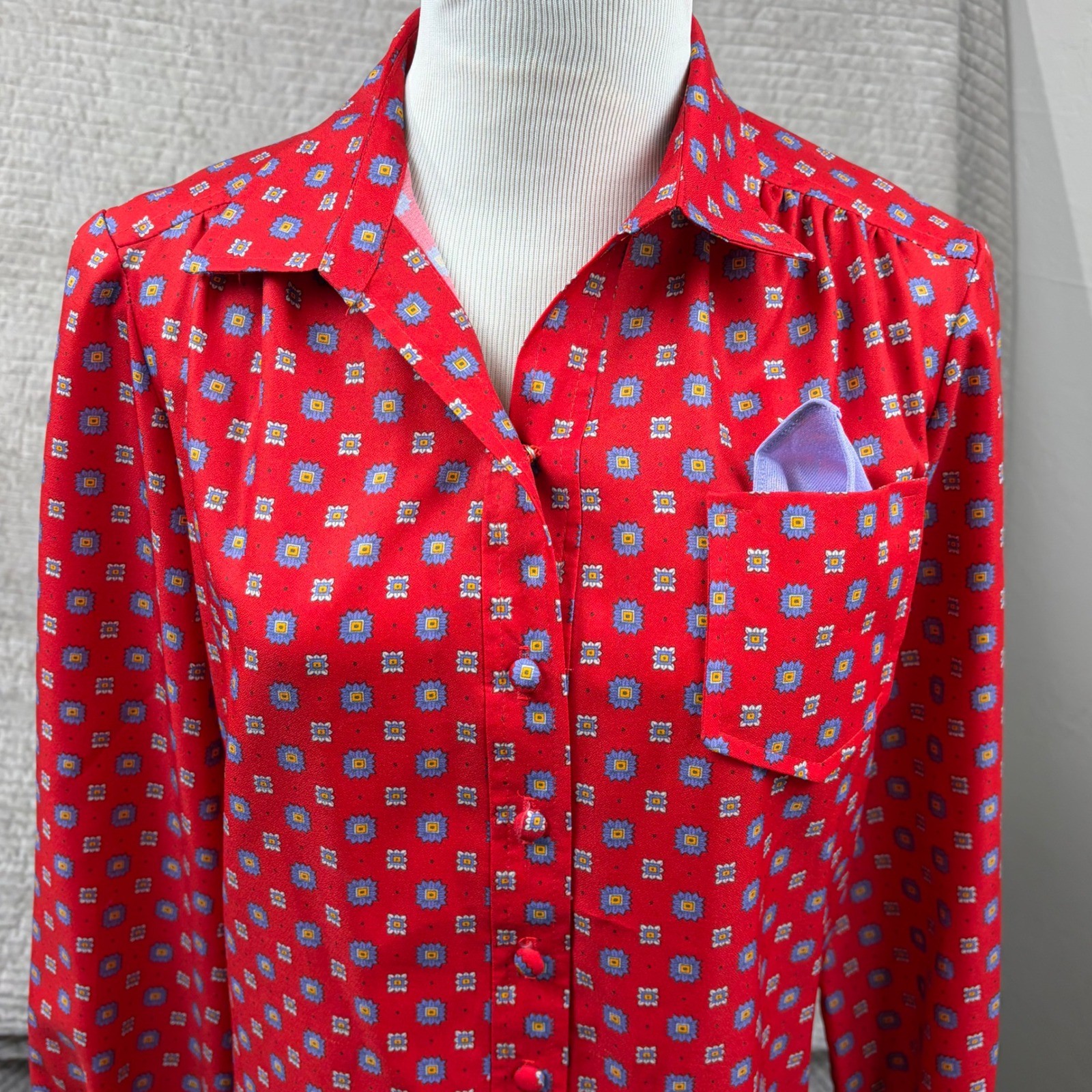 Vintage Shirt Dresses Inc Red Geometric Floral Button Front Midi Dress