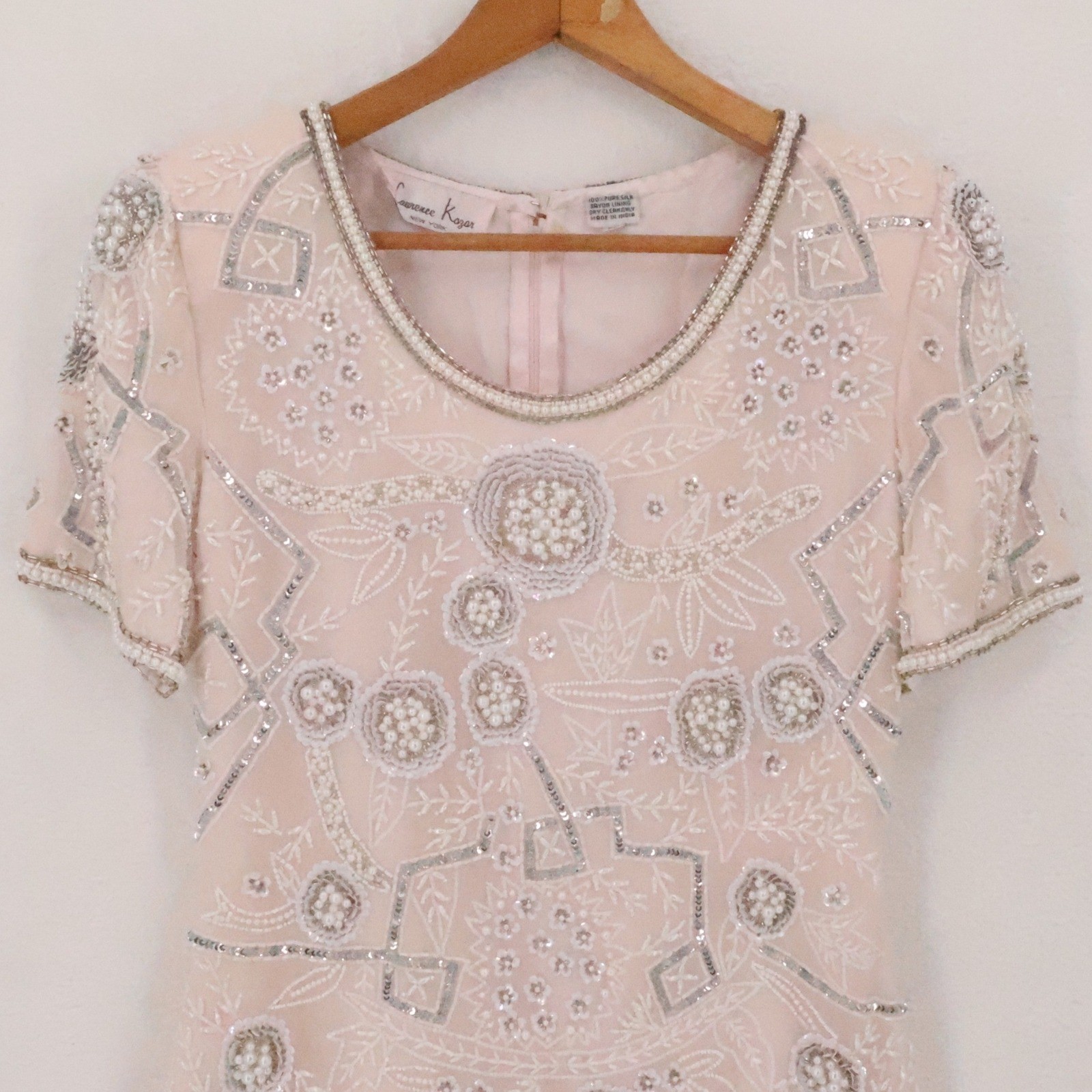 Laurence Kazar Vintage 90s Beaded Silk Cocktail Dress Womens Size PM Blush Pink