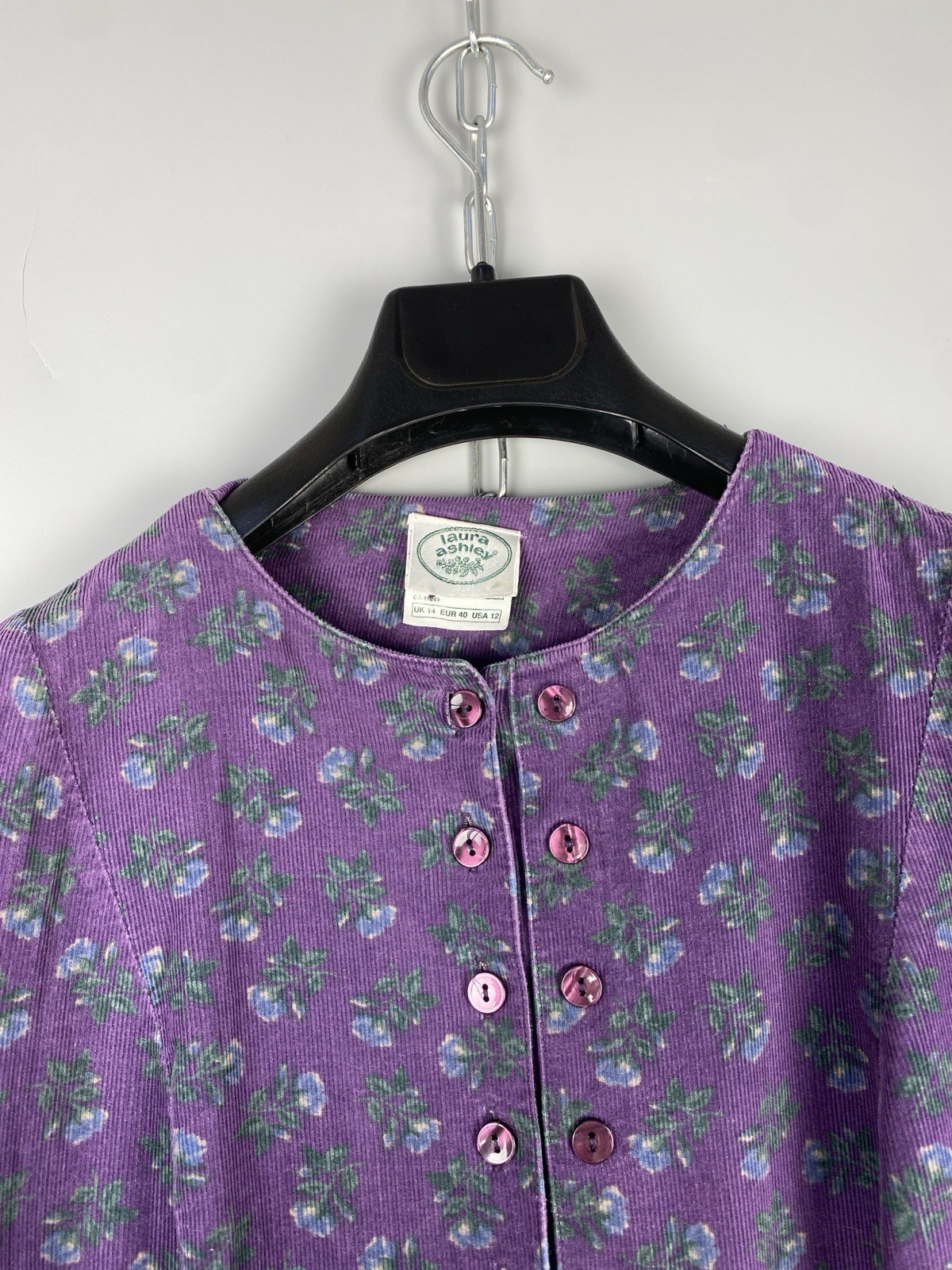 Vintage 80s Laura Ashley Dress Cotton Corduroy Floral Long Sleeve Size M EU 40
