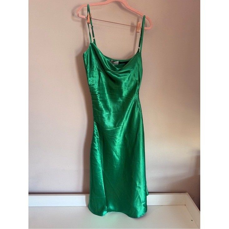 Miss Circle New York Green Satin Cowl Neck Ruched Midi Slip Dress Small NWT