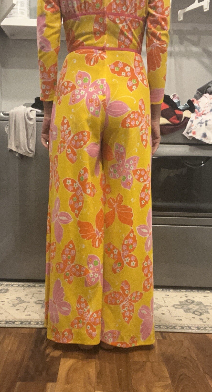 Vtg Adde’ Floral Yellow Pink Butterfly Pantsuit 70s Pantsuit rare