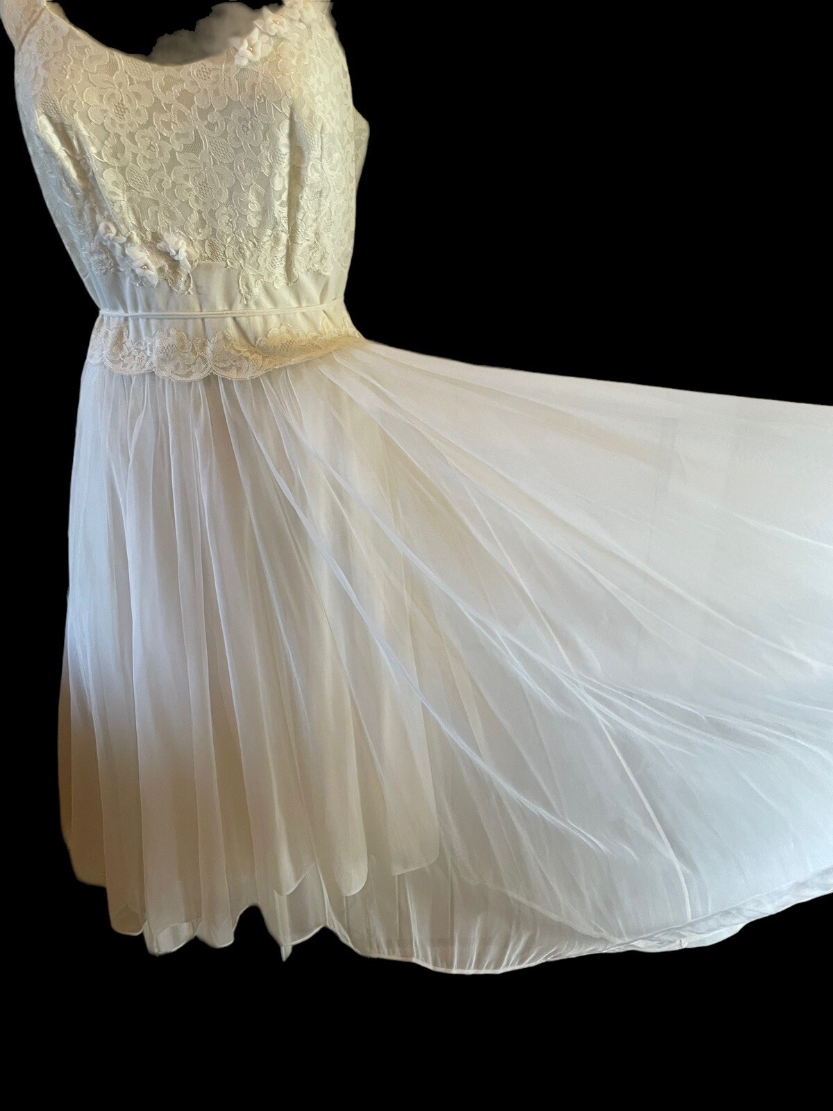 Vintage 50’s Shadowline Nylon Chiffon Lace Nightgown Bridal 32 Ivory Belt Waist