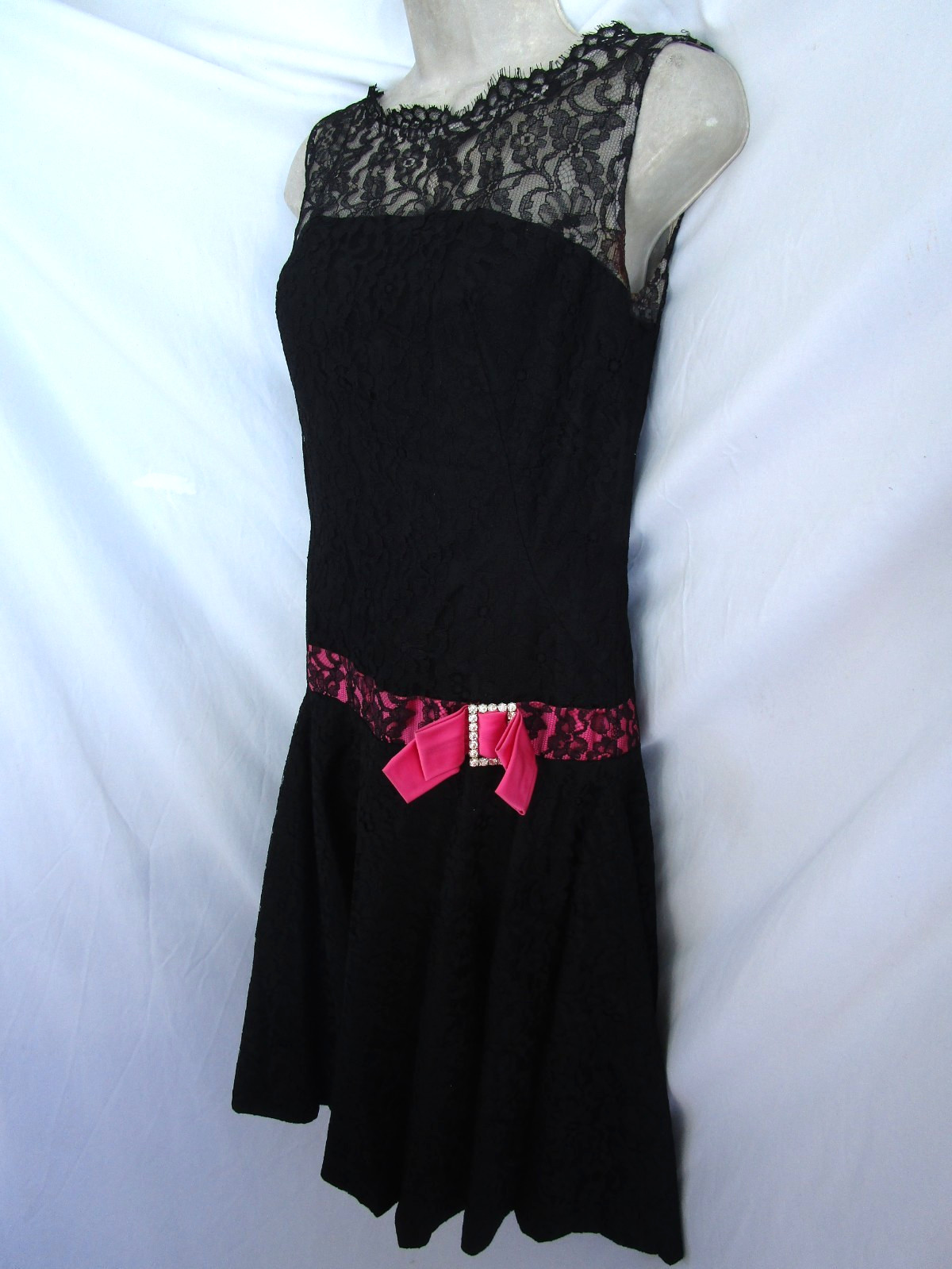 Vtg 60s Another Ann Barry Jr. Black Lace Drop Waist Mod Flapper Party Dress TLC