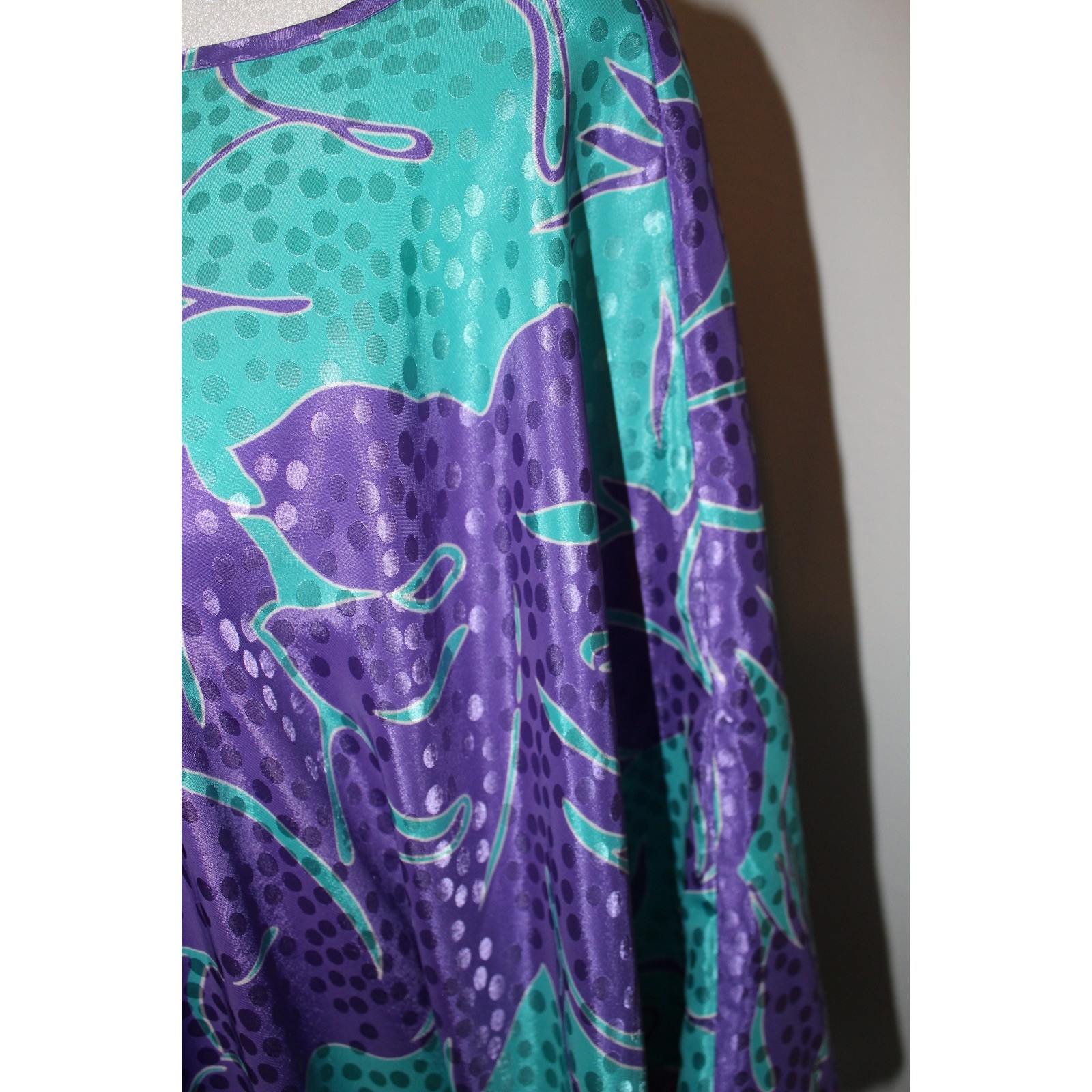 VTG Morgan Taylor Caftan Gown Purple Teal Tropical Satin Women’s Mumu Coverup OS