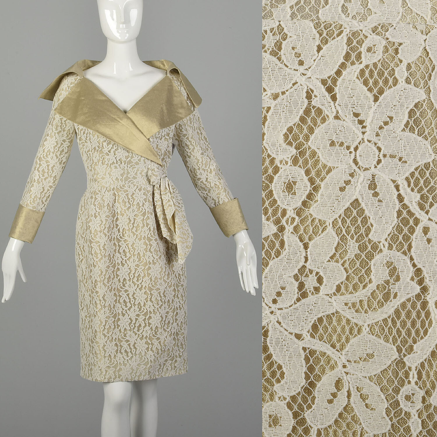 Small 1990s Pilar Rossi White Lace Dress Metallic Gold Lamé Portrait Collar VTG