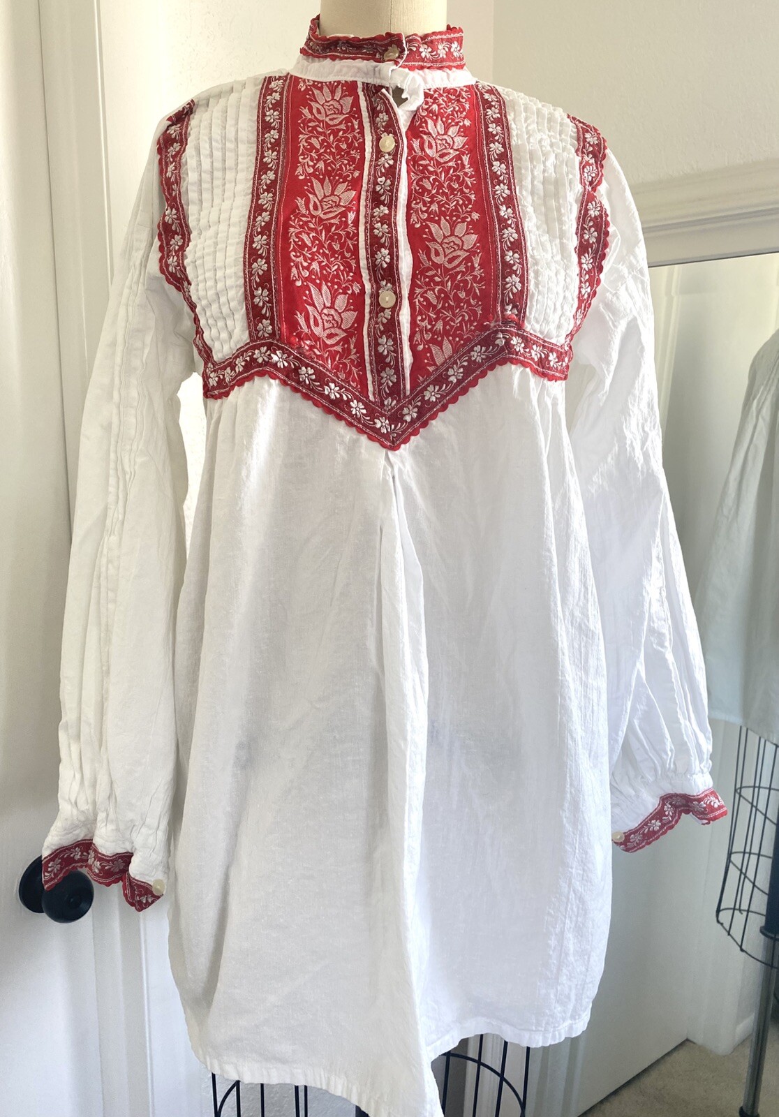 Vintage Peasant Blouse Red + White Linen Embroidered Boho Bohemian Hippie – M