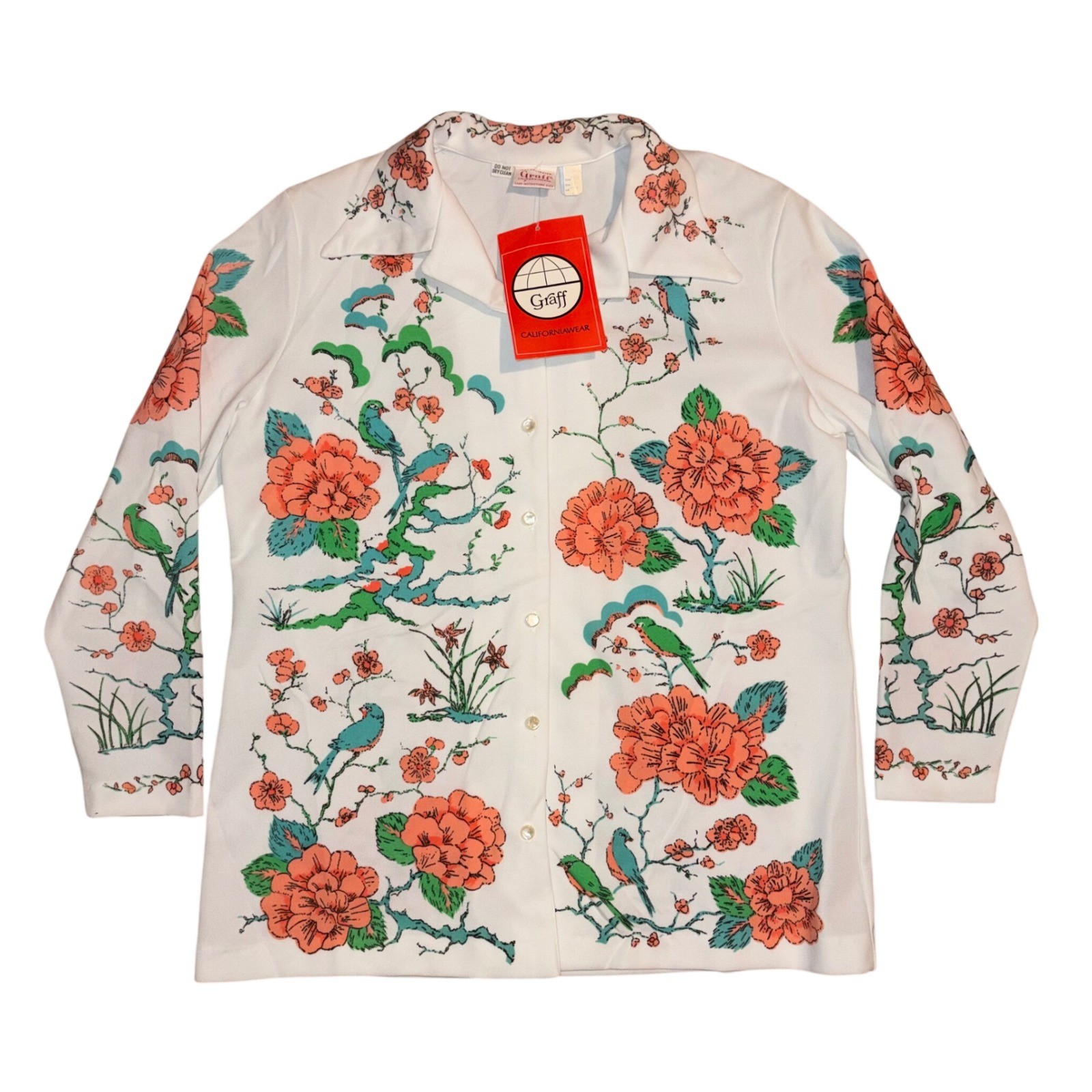 NWT Vintage Graff Californiawear Floral Bird Chinoiserie Button Up Top Large