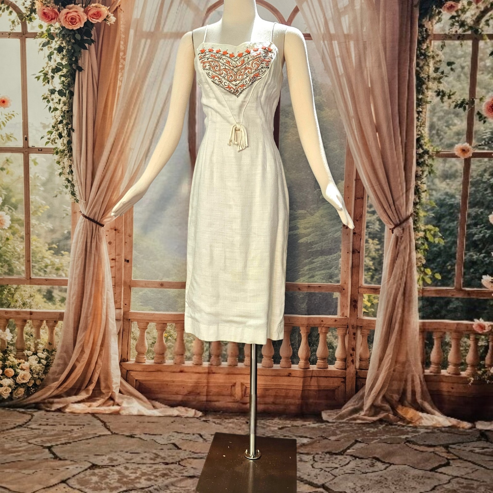 Vintage 1960’s Dress Shift Mod Cream Orange Beads and Rhinestone Embroidered
