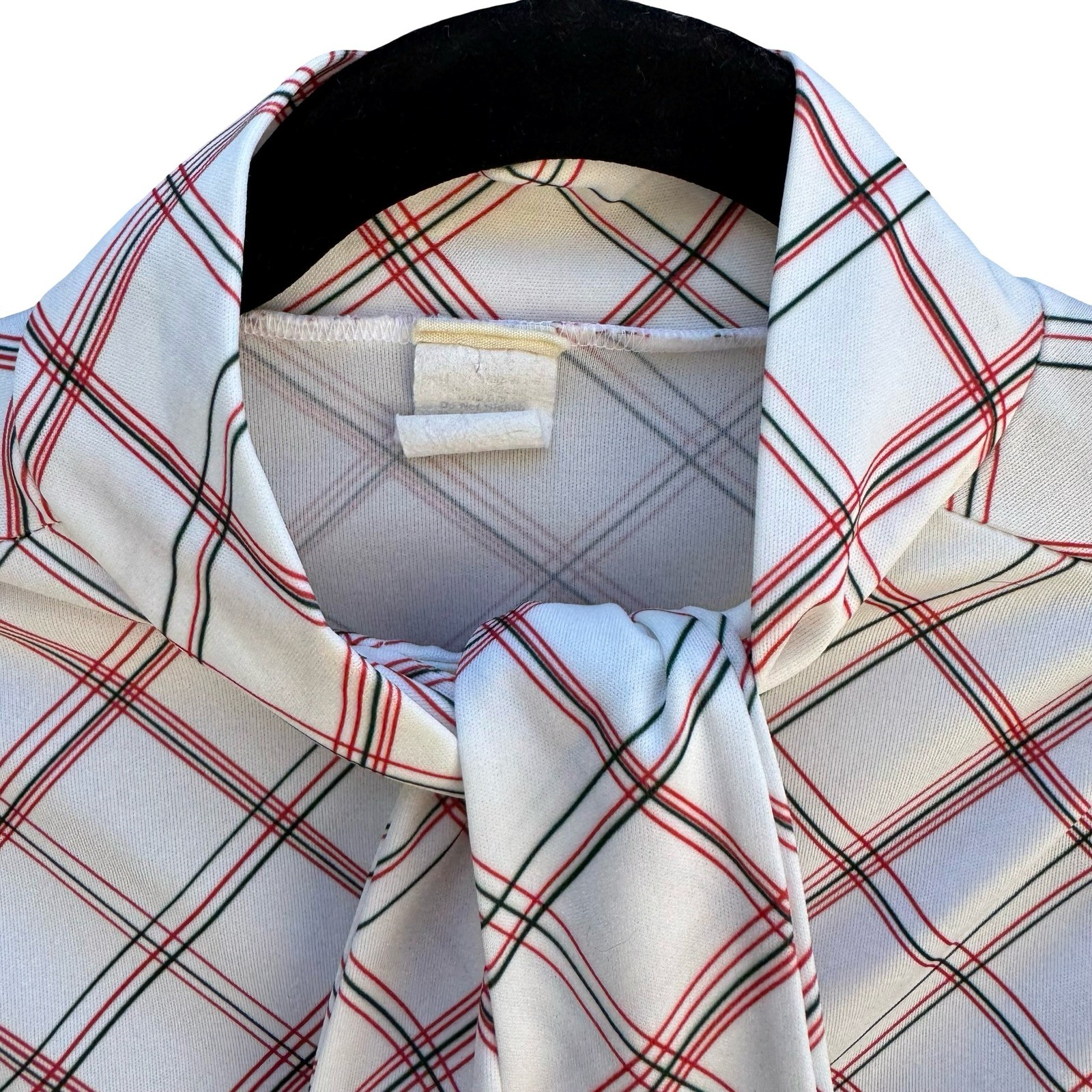 Vintage 70s Bow Tie Neck Blouse Plaid Equestrian Horse Print Americana Retro USA