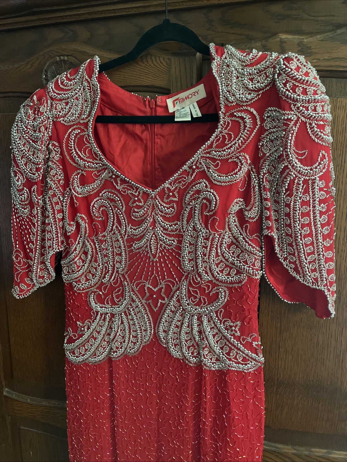 Vintage FAMORY Red Silk Beaded Gown 80s 90s Paisley Sequin Evening Dress 4/6