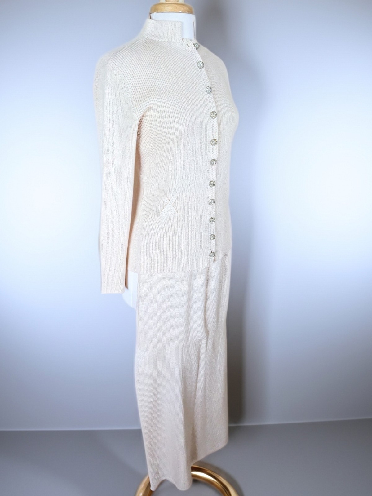 Vintage 80s St John Knits Lillie Rubin Cream Rhinestone Maxi Dress Set