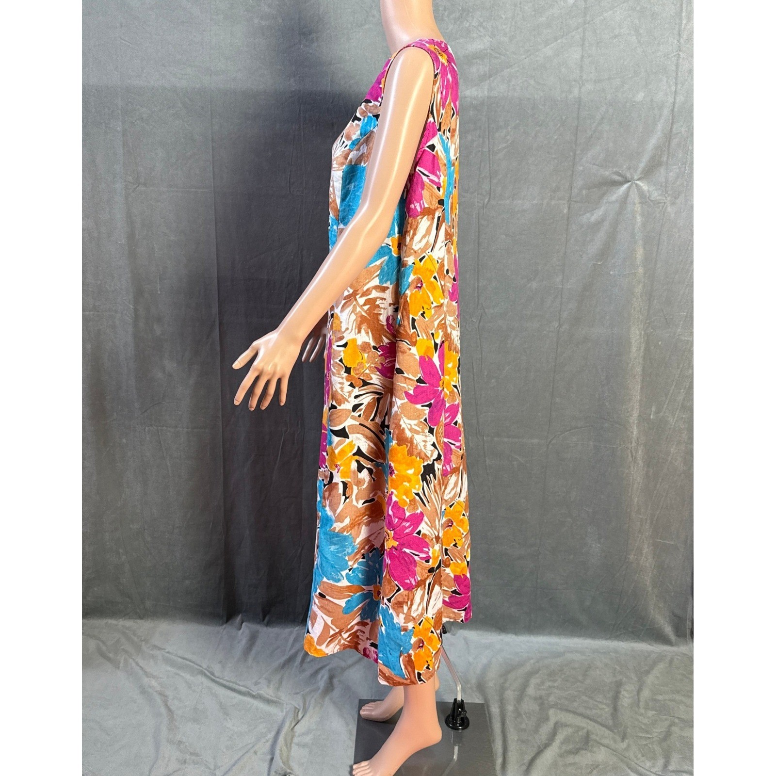 Vintage 90s Choices Multi Floral Linen Tank Dress L Sleeveless Lagenlook Artsy