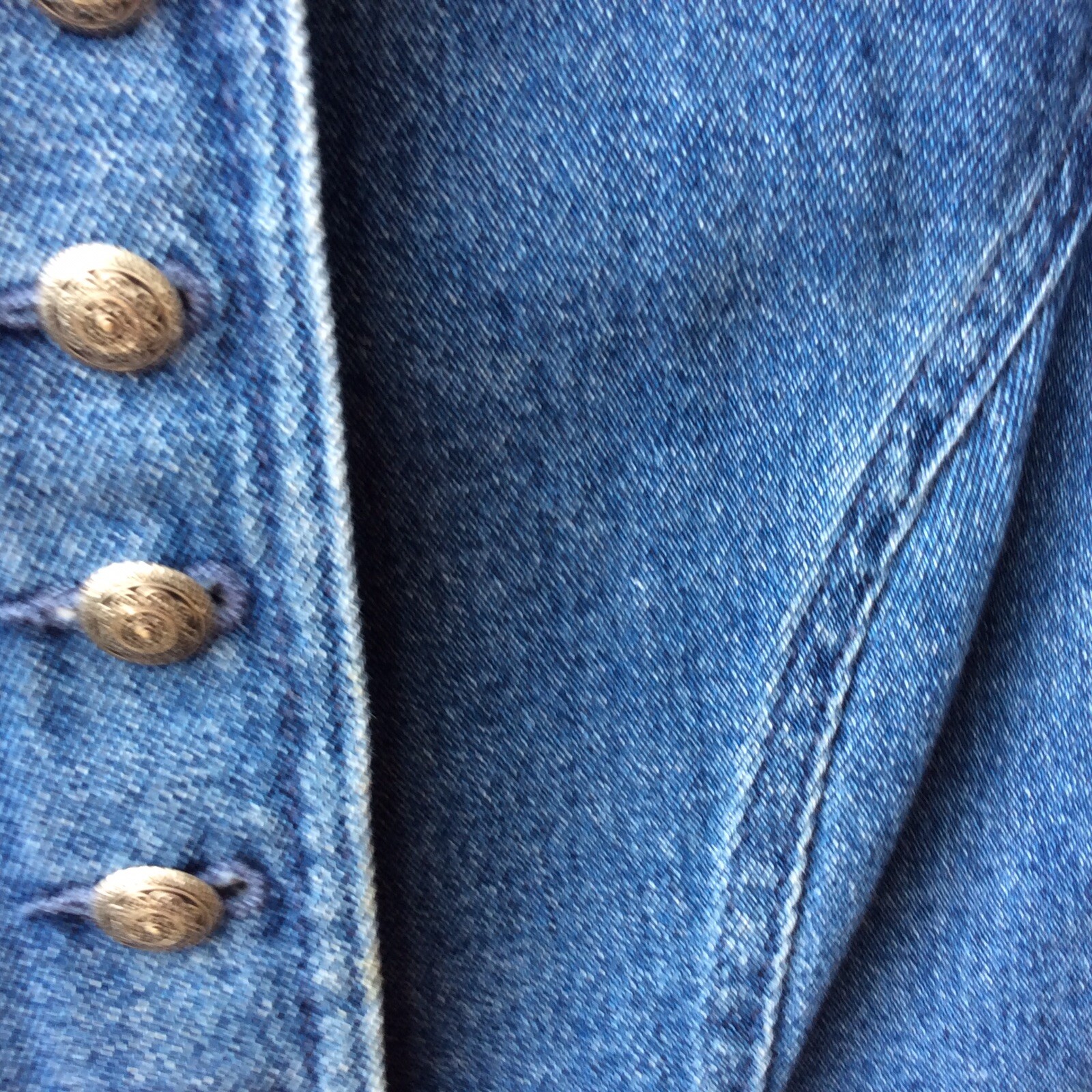 VTG 80s Blue Denim Military Look Jacket Womens Sz S? Shoulder Pads Buttons