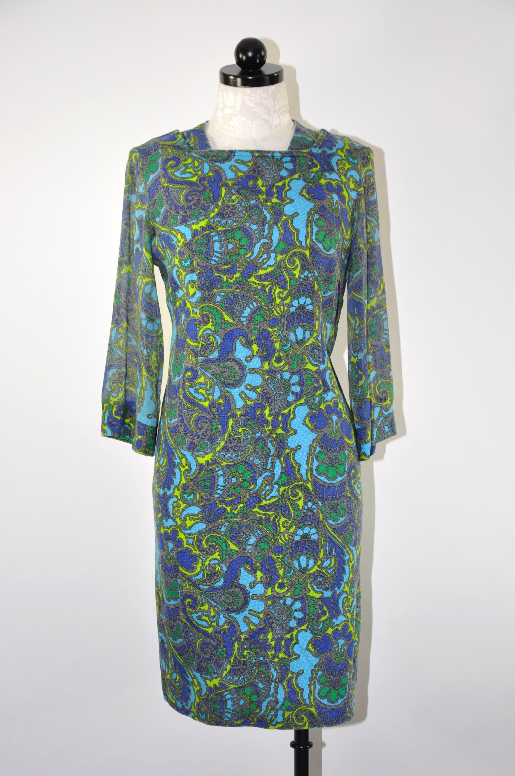 60s Vintage Blue Green Paisley Sheer Bell Sleeve Sheath Wiggle Day Dress Women S