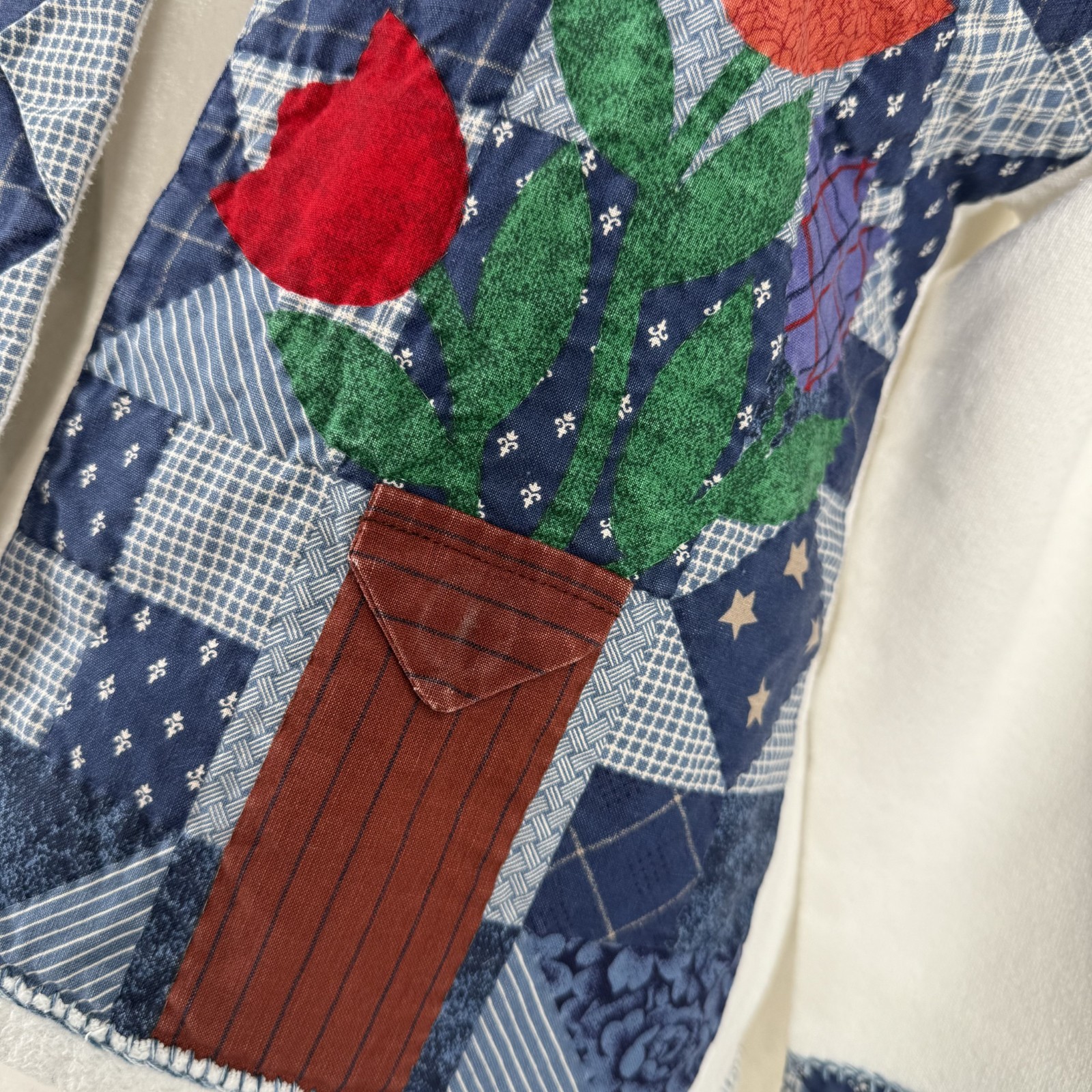 VTG Handmade Quilt Patchwork Sweater Jacket Cottagecore Teacher Folk Flowers SM