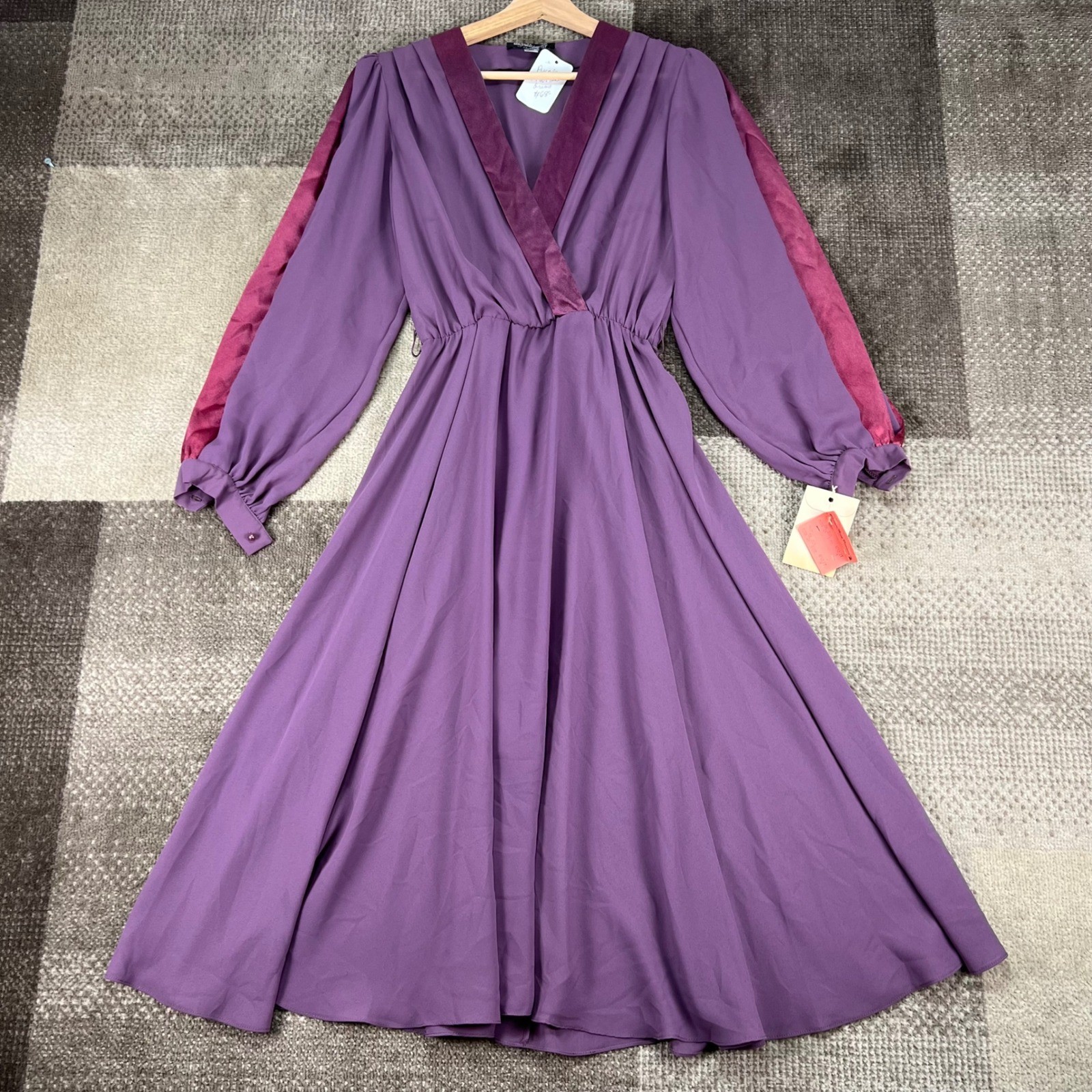 Ursula of Switzerland Vintage 80s Purple Chiffon Midi Dress Satin Trim Size 7/8