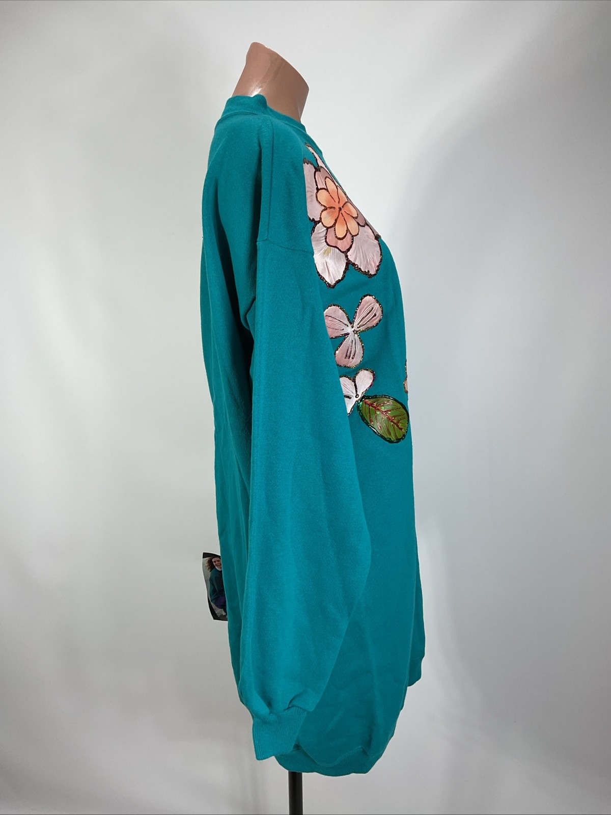Vintage Hanes Her Way Sweatshirt Dress Floral Gold Accent Embellished Crewneck
