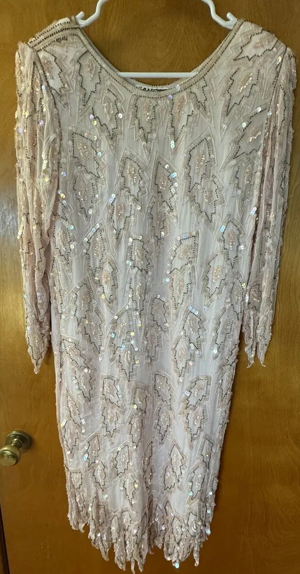 Vintage Carina Pink Sequin Beaded Silk Dress Handkerchief Overlay Hem Size Small