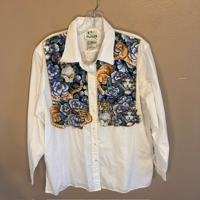 The Quacker Factory Vintage Women’s Cats Button Up Long Sleeve Shirt Blouse LG