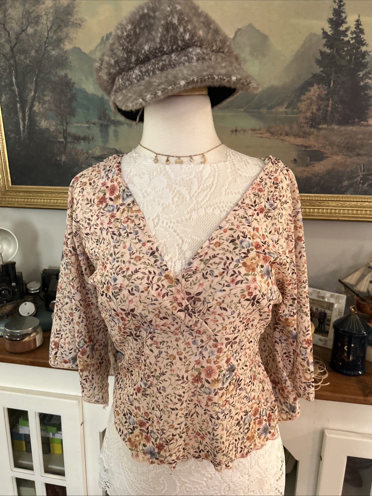 Anxiety Cafe Shirt Womens L Floral Babydoll Top Y2K VTG Fairy Grunge Large