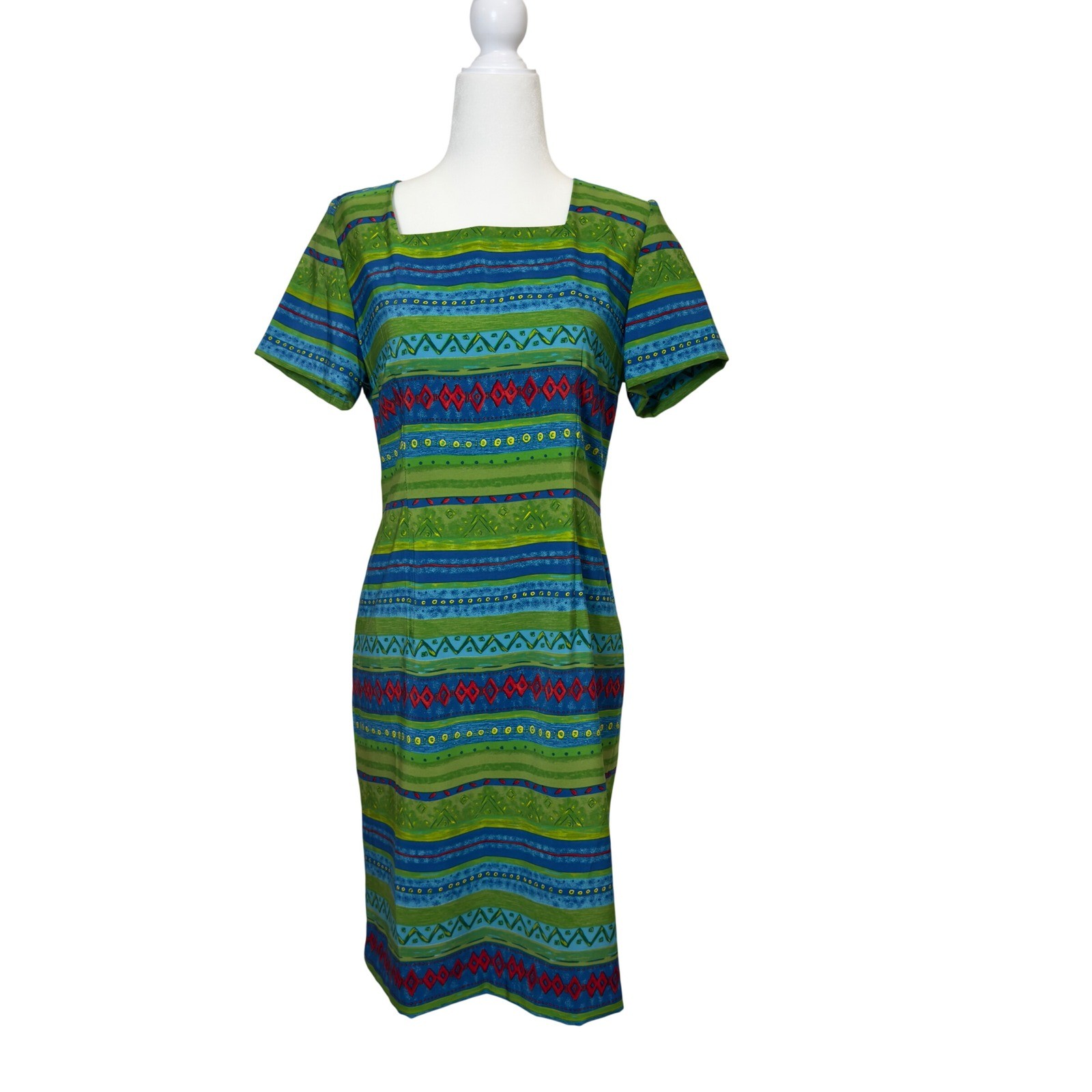 Vintage Sag Harbor Dress Green Blue Geometric Stripe Square Neck Sheath Size 8