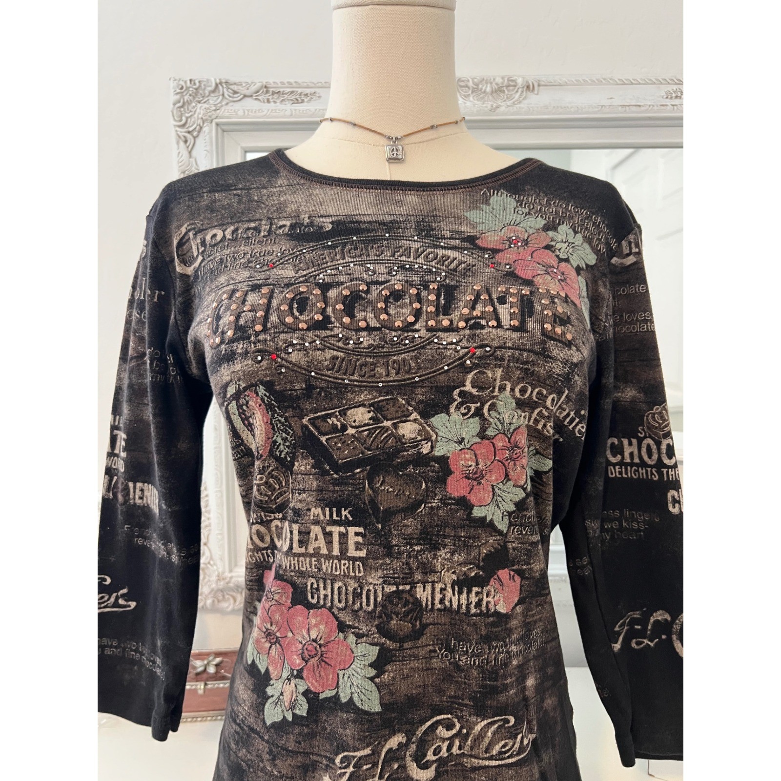 vintage fairy grunge graphic rhinestoned 3/4 sleeve top