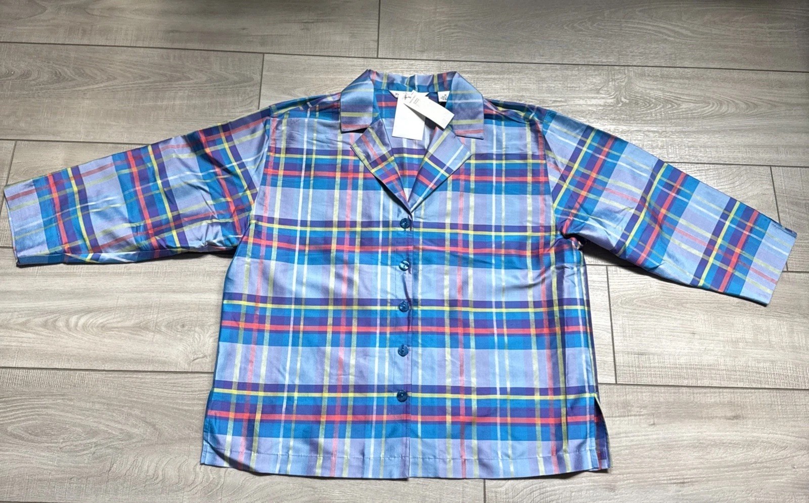 Vintage 90s Preston & York Silk 2pc Pajama Set Top Pants Plaid Womens M/ L Blue