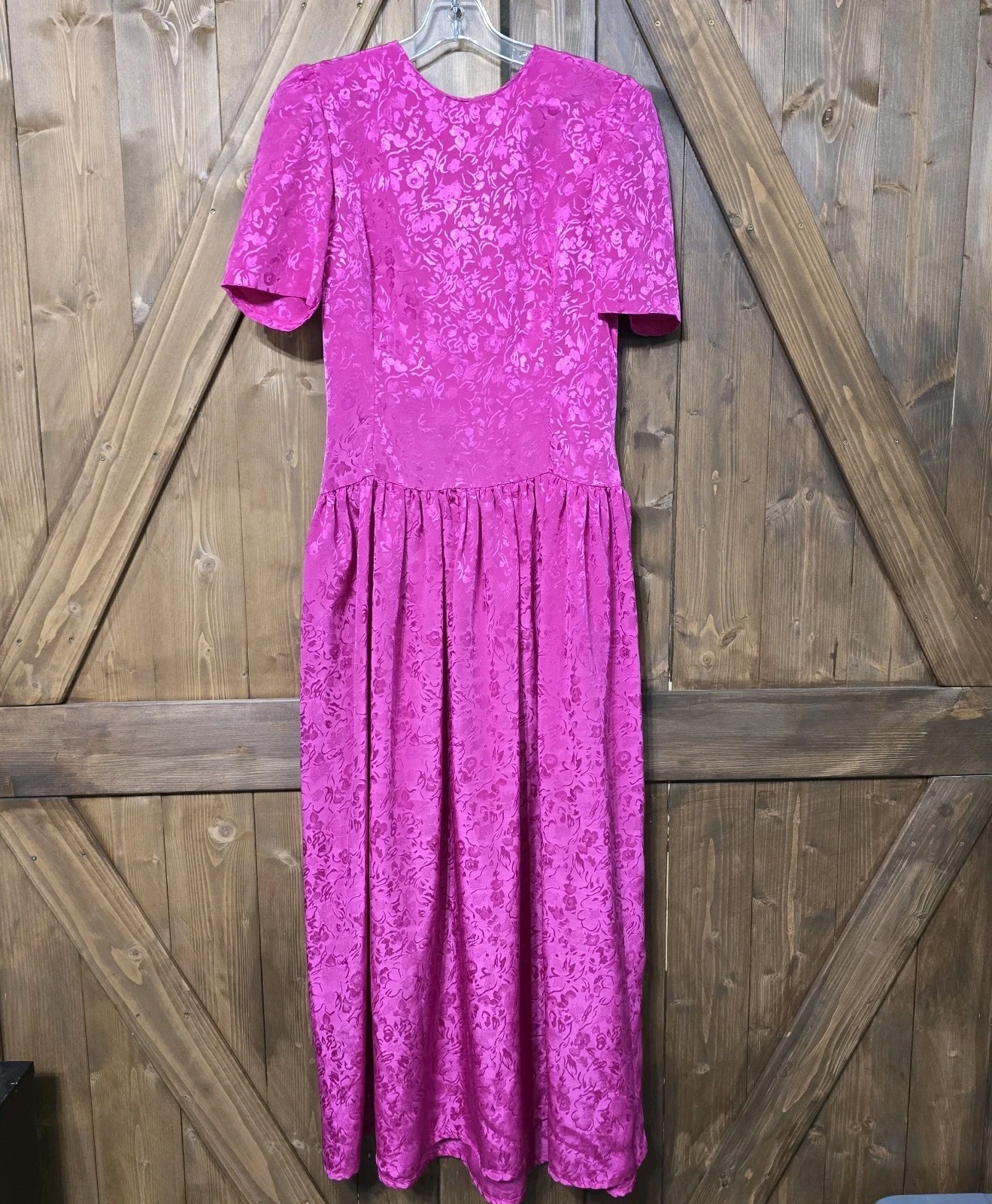 Vintage 80s Fuchsia Pink Floral Jacquard Drop Waist Maxi Dress Womens 7/8