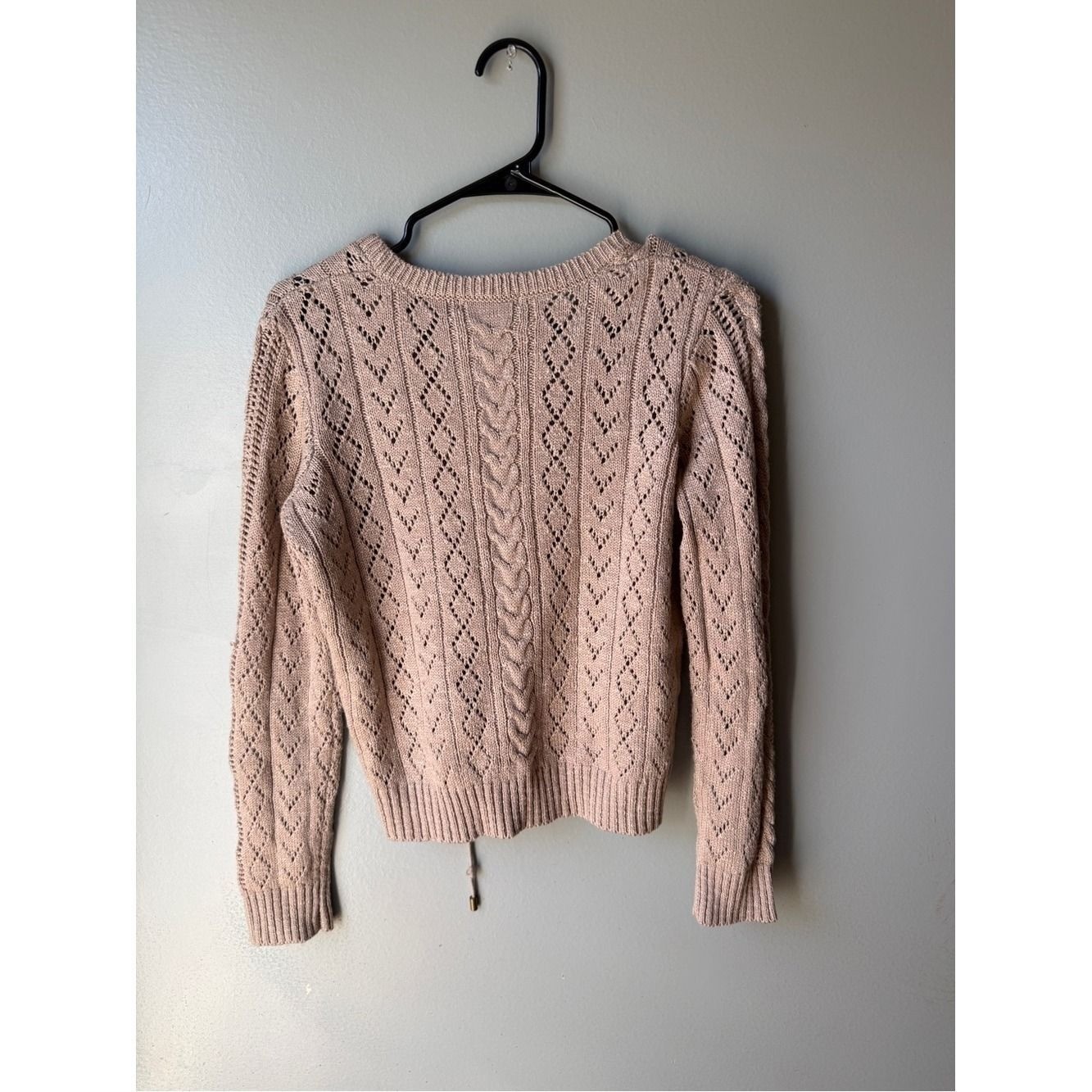 Boho Coquette Women’s Medium Pointelle Knit Lace-Up Sweater Blush Pink